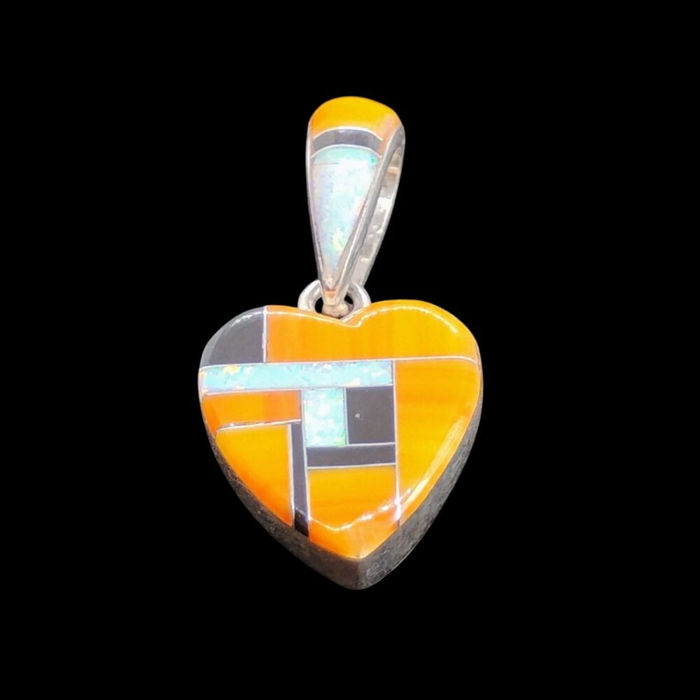 Signed SM Sterling Heart Shaped Inlay Gemstone Pendant Reversible Double Sided